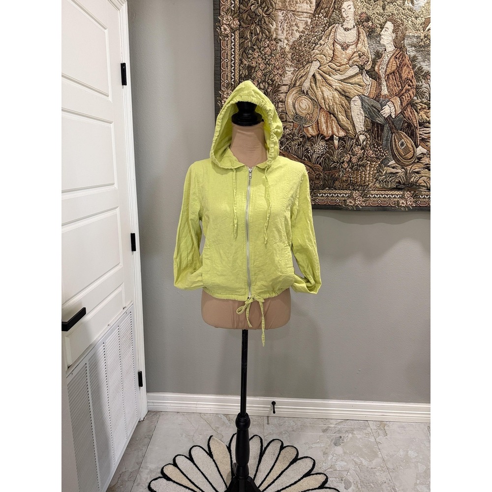 TAXI Jacket Womens Medium Green 100% Linen Hooded Zip Front Drawstring Hem